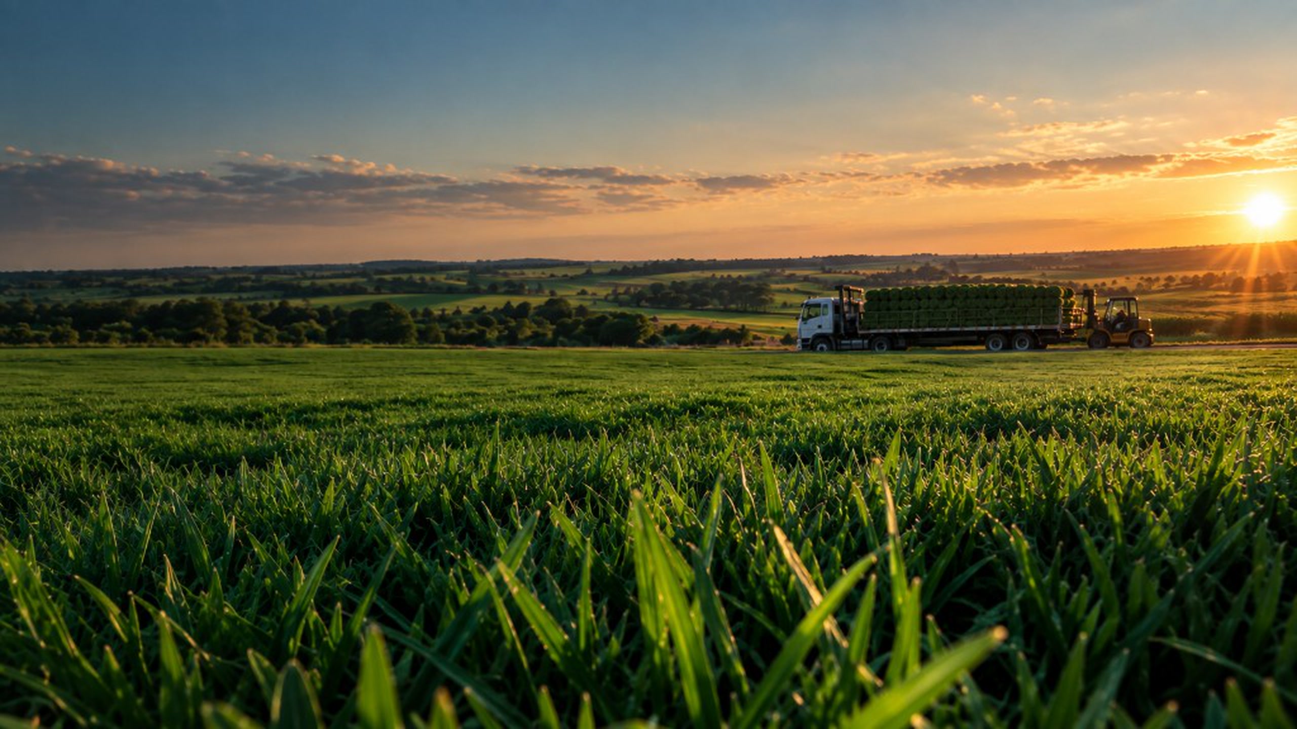 Campo de grama ao entardecer com caminhão, composição atmosférica, não como registro identificado da operação.